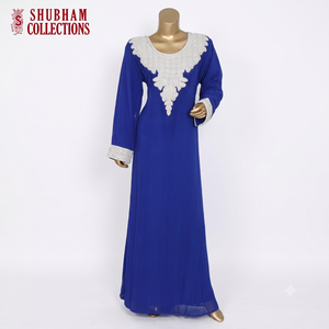 Royal Blue Dubai Farasha Kaftan with White Embroidery | Elegant Breathable Luxury Muslim <b>Abaya</b> for Eid Party & <b>Wedding</b> - Product Image 1