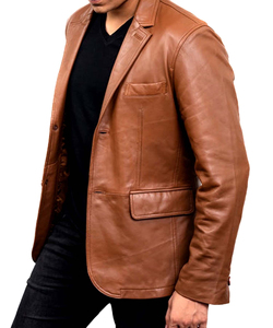 Men Brown Leather <b>Blazer</b> Collar Regular Fit Full Length Sleeve British Style Jacket - Product Image 3