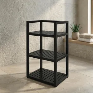 Minimalist 3 Tier Black Solid Wood Storage Shelf for Bathroom Space Saving Design Wooden Spa <b>Tower</b> Bathroom Furniture - Product Image 3