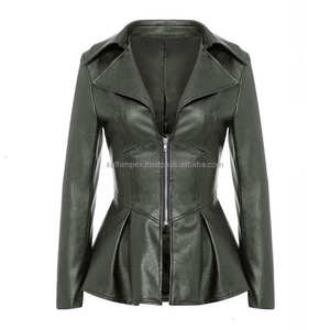 Veste de motard pour femme en cuir gris style peplum, respirante, fermeture éclair, col à revers, manches longues, taille haute, coupe élégante et ajustée - Product Image 1