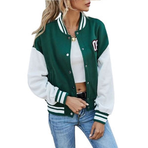 <b>Women's</b> Green Varsity <b>Jacket</b> With <b>White</b> Sleeves Full Length Button Up Collar Solid Color Contrast Design Autumn Wear - Product Image 3