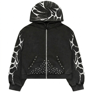 Sudadera con capucha unisex personalizada con cremallera completa, bolsillo con pedrería, lavado mineral, estilo streetwear, estampado gráfico, corte holgado y corto, de forro polar para invierno - Product Image 1