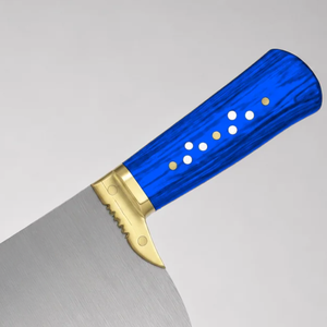 Couteau à viande robuste PK-DR, lame large argentée, manche en bois bleu, poignée rivetée avec embout doré, couteau de boucher pour hacher la viande - Product Image 3