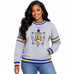 Sweat-shirt à col rond en chenille grise Sigma Gamma Rho avec poche et bordure côtelée rayée bleu roi et or, vêtements de sororité grecque - Product Image 1