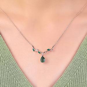 Collar con Colgante de Ágata Musgo Pera, Diseño de Hoja de Esmeralda de Laboratorio con Moissanita, Oro Blanco, Joyería Fina de Lujo para Mujer, OEM ODM - Product Image 1