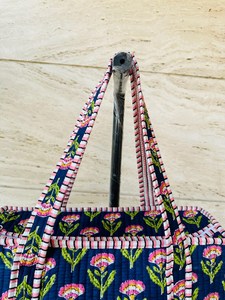 Bohemian Quilted Cotton Tote <b>Bag</b> <b>Navy</b> Floral Print Open Top Shoulder Handbag Lightweight Cotton Tote Vintage Floral Tote <b>Bag</b> - Product Image 5