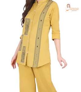 Women's 2 Piece Cotton Crepe <b>Set</b> Mandarin Collar Top With Palazzo Trousers Solid Color Loose Fit Casual Spring Summer Wear - Product Image 5