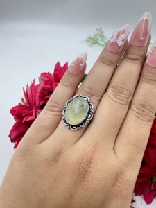 Natural Prehnite Oval Silver Plated <b>Statement</b> <b>Ring</b> Handmade Vintage Floral Gemstone <b>Ring</b> for Women - Product Image 4