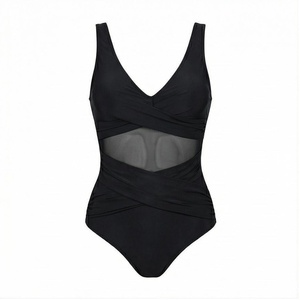 Women's Black One-Piece Swimsuit Deep V Neck Hollow Out Mesh Panel Tummy <b>Control</b> High Waist <b>Bodysuit</b> - Product Image 1