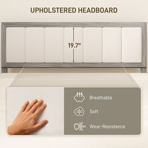 Letto Queen Size con Testiera Imbottita Grigia, Struttura a Piattaforma con Doghe in Legno, Facile Montaggio, Non Richiede Rete a Doghe - Product Image 4