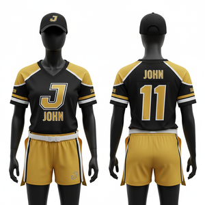 Uniforme de flag football pour femmes en polyester et élasthanne premium 180 GSM, noir, or, blanc, avec logo thermocollé sur les épaules. - Product Image 1