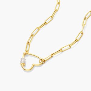 Diamond Heart Lock Paperclip Split Chain <b>Necklace</b> In Yellow Gold - Product Image 5