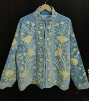 Veste bohème vintage brodée de fleurs bleues, en velours fait main, matelassée, écologique
