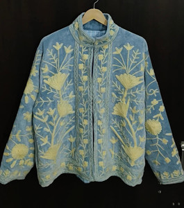 Handmade Velvet Suzani Quilted Eco-Friendly Blue Floral Embroidered Vintage Boho Jacket - Product Image 6