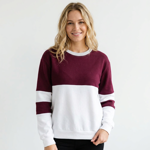 Pull à col rond pour femme, à blocs de couleur, manches longues, décontracté, en coton tricoté, hiver, 120g, blanc et bordeaux - Product Image 6