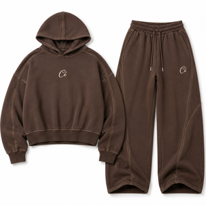 Ensembles de sweats à capuche courts et amples personnalisés, à épaules tombantes, avec coutures apparentes, et de joggers à jambes larges en coton épais, fabrication OEM - Product Image 4