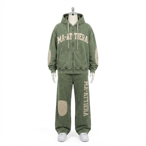 Conjunto de chándal de dos piezas para hombre: sudadera con capucha extragrande con cremallera y efecto lavado, y pantalones de chándal de pierna ancha. - Product Image 3