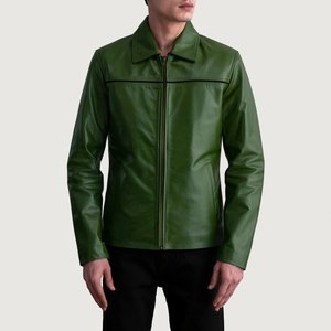 เสื้อแจ็คเก็ตหนังสีเขียวทรงเข้ารูปสำหรับผู้ชาย ยี่ห้อ RELEVO INDUSTRIES คอปกพับได้ ปิดด้วยซิป สไตล์นักขี่มอเตอร์ไซค์ เหมาะสำหรับใส่ในฤดูใบไม้ร่วง - Product Image 2