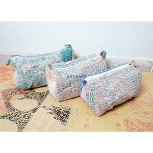 Handmade Cotton Kantha Floral Pattern Modern Style Cosmetic Pouch Bag Zipper Closure Small-Large Sizes Women's Gift Rajasthan - Product Image 3