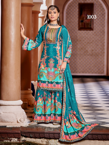 Traje pakistaní listo para usar, de seda crepé pura con estampado digital y trabajo de espejo original. Compre directamente del proveedor. - Product Image 3