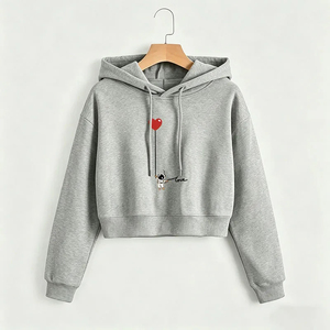 Custom <b>Grey</b> Long Sleeve <b>Zipped</b> Ribbed Crop <b>Hoodie</b> <b>Women</b> Embroidered Design Plus Size Cropped <b>Hoodie</b> Formal Lined Style - Product Image 3
