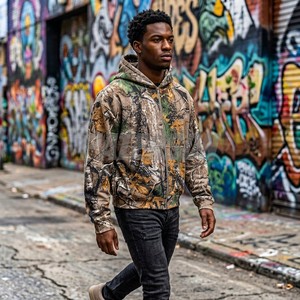 Sweat à capuche camouflage pour homme, fermeture éclair, coupe classique, décontracté, avec poche, imprimé par sublimation, en polyester tricoté, style automne - Product Image 1