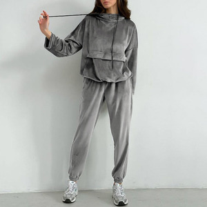 Conjunto Deportivo de Felpa Gris para Mujer, Sudadera con Capucha, Pantalones Deportivos, Atuendo Informal de Invierno, Manga Larga, Corte Holgado, Color Sólido, Transpirable - Product Image 1