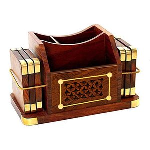 Organisateur de bureau en bois avec panneau sculpté et accents dorés, coffret cadeau sur le thème de l'amour - Product Image 4