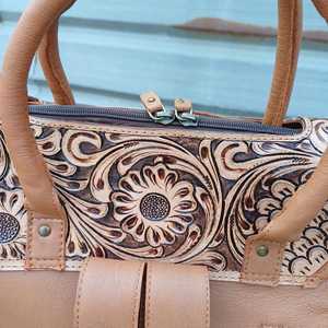Genuine Leather <b>Backpack</b> With <b>Floral</b> Embossing Tan Color Bohemian Style Zipper Closure Daily Use Women's Bag - Product Image 4