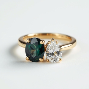 Anillo de Oro Sólido de 18K con Dos Piedras: Alejandrita de Laboratorio y Diamante de Laboratorio, Anillo de Joyería Fina con Alejandrita Ovalada y Diamante en Forma de Pera - Product Image 4