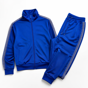 Ensemble de survêtement unisexe bleu à manches longues avec fermeture éclair, col montant, style sportif, respirant, en polyester, tenue de jogging pour l'automne - Product Image 1