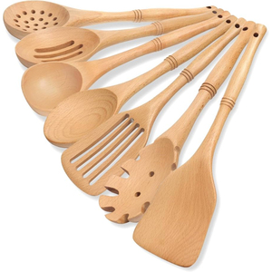 Ensemble d'ustensiles de cuisine vintage en bois naturel, cuillères de cuisson antiadhésives, spatule en bois faite à la main, louche, fourchette à salade, outils de cuisine - Product Image 6