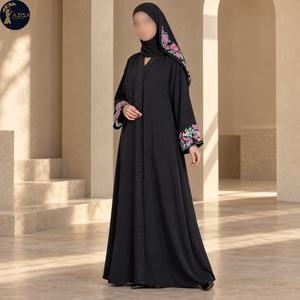 Abaya Floral Adornada con Cuentas para Mujer en Gris Carbón con Bordado de Cuentas Rosa Turquesa |   Túnica Fluida y Elegante con Puños Decorativos y Detalles - Product Image 2