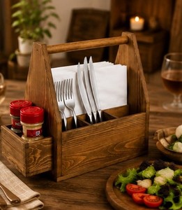 Rustic Wooden Utensil Holder Multi Compartment Caddy 32x20x18cm For <b>Kitchen</b> <b>Table</b> Organization - Product Image 6
