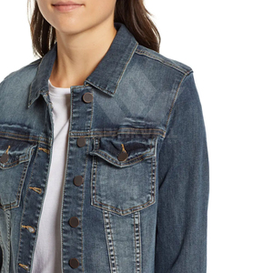 Women's Washed Blue Cotton Knitted Breathable <b>Denim</b> Trucker <b>Jacket</b> Button Front Turn Collar Long Sleeve Casual Spring Jean - Product Image 5