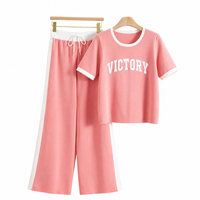 Ensemble décontracté 2 pièces pour femme en mélange de coton : T-shirt et pantalon large assortis – Tenue d'été confortable – Survêtement beige et noir