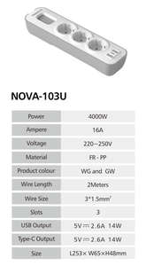 Materiales de Ingeniería para la Prevención de Incendios, Enchufe de Sobremesa Serie NOVA 2026, Nuevo Diseño, 3 Vías, 16A, Interruptor de Sobrecarga - Product Image 6
