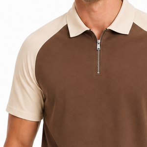 Polo élégant et tendance pour homme, col quart zippé, manches courtes, marron beige bicolore, style golf. - Product Image 3