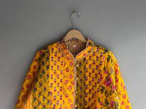 <b>Quilted</b> YELLOW GIFT FOR HER Cotton <b>Jacket</b> Women Floral <b>Pattern</b> Mandarin Collar Full Sleeve Autumn Regular Length Patch Pocket - Product Image 2