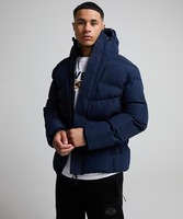 Veste matelassée à capuche bleu marine pour homme, coupe classique, fermeture éclair, coupe-vent, vêtement d'extérieur décontracté d'hiver, rembourrage en polyester, couleur unie