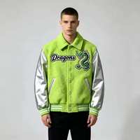 Veste de baseball décontractée pour homme en vert néon avec patch brodé de dragon et manches argentées