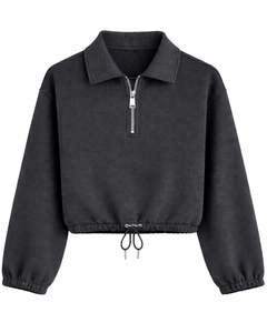 Sudadera Corta Negra Personalizada para Mujer con Cierre de Cremallera, Estilo Casual, con Cordón Ajustable en el Bajo, de Felpa Suave, Algodón y Poliéster, para Invierno - Product Image 1