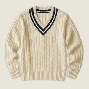 <b>Men's</b> Cream Cable Knit V-Neck Pullover <b>Sweater</b> Full Sleeve Solid Color Autumn Knitted <b>Sweater</b> - Product Image 1