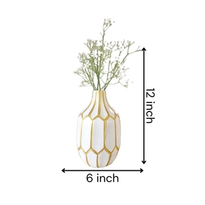 Vase en céramique blanc et or, design vintage, motif géométrique en nid d'abeille, 12 pouces, vase à fleurs en porcelaine pour table. - Product Image 2