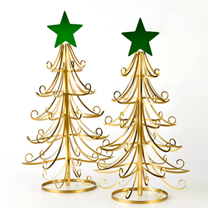 Juego de 2 Árboles de Navidad de Alambre Metálico Dorado, Decoración Festiva Moderna para Mesa con Adornos de Estrella Verde, Iluminación LED - Product Image 2