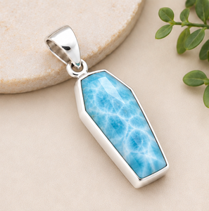 Natural <b>Larimar</b> Silver Pendant, Blue <b>Larimar</b> Gemstone Coffin Pendant, 925 Sterling Silver Statement <b>Jewelry</b>, - Product Image 3