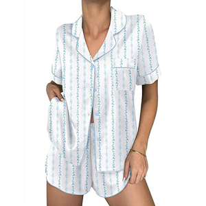 Conjunto de Pijama de Manga Corta para Mujer, Estampado a Rayas, Ropa de Dormir de Algodón, Informal, para Verano, con Botones y Cuello Camisero - Product Image 1