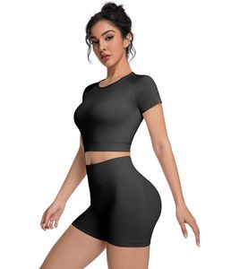 Women 2 Piece Yoga Set Solid Black <b>Crop</b> <b>Top</b> High Waist Shorts Breathable Workout Outfit Crew Neck Short Sleeve Shirt And Short - Product Image 5