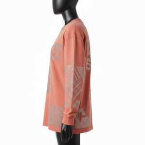 Camiseta de manga larga para mujer, de algodón grueso, estilo jersey, talla grande, con logotipo de diamantes de imitación con transferencia térmica, corte informal. - Product Image 3