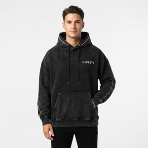 Custom <b>Acid</b> <b>Wash</b> Men Heavyweight Cotton Fleece Hoodie With Rhinestone Hood Kangaroo Pocket And Ribbed Cuffs - Product Image 2